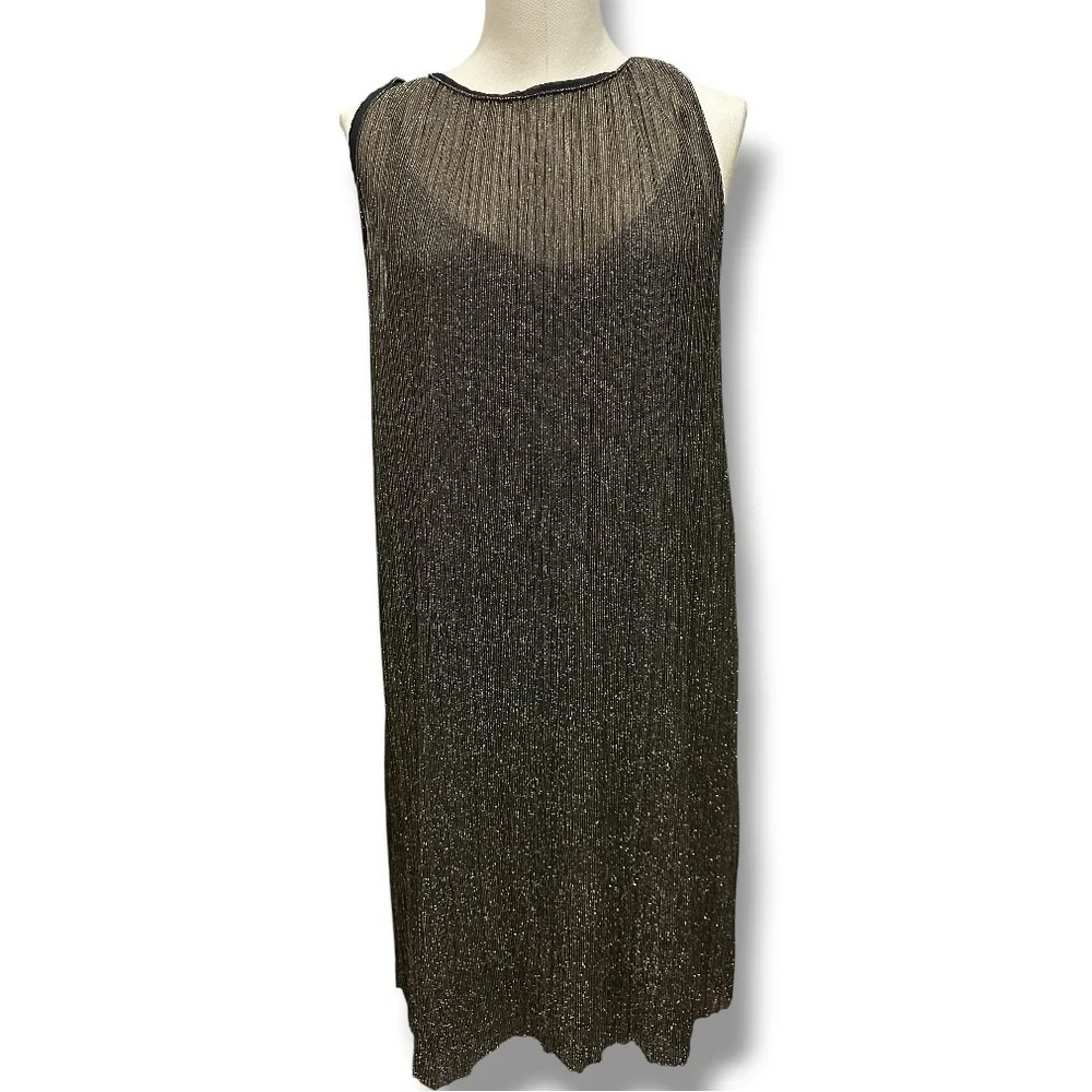 303 MANGO Suit | NWOT Turkey Metallic Gold Shimmer Sleeveless Midi Dress (Sz M) - Picture 2 of 12